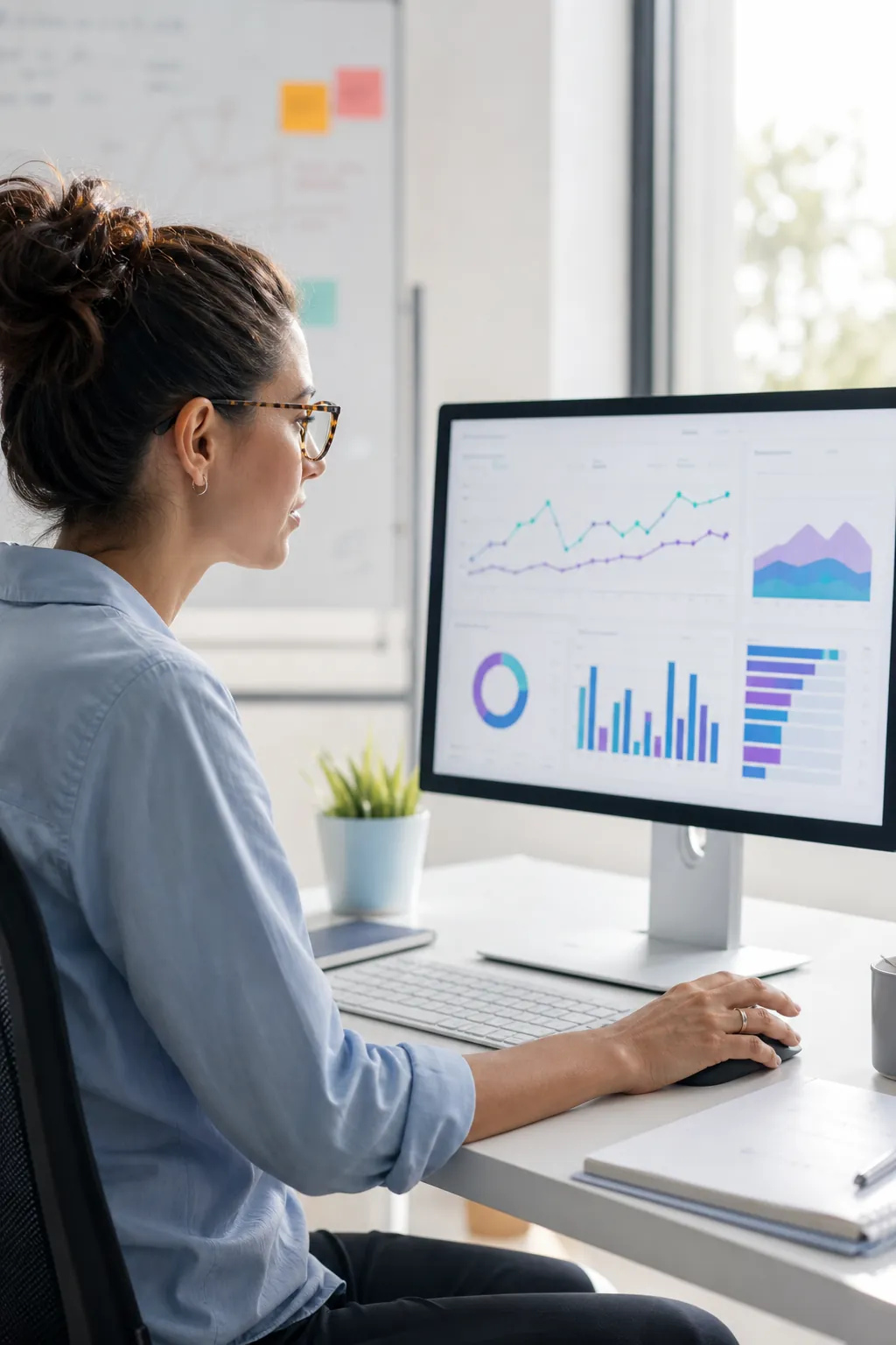 Paid search specialist reviewing campaign performance on a desktop display