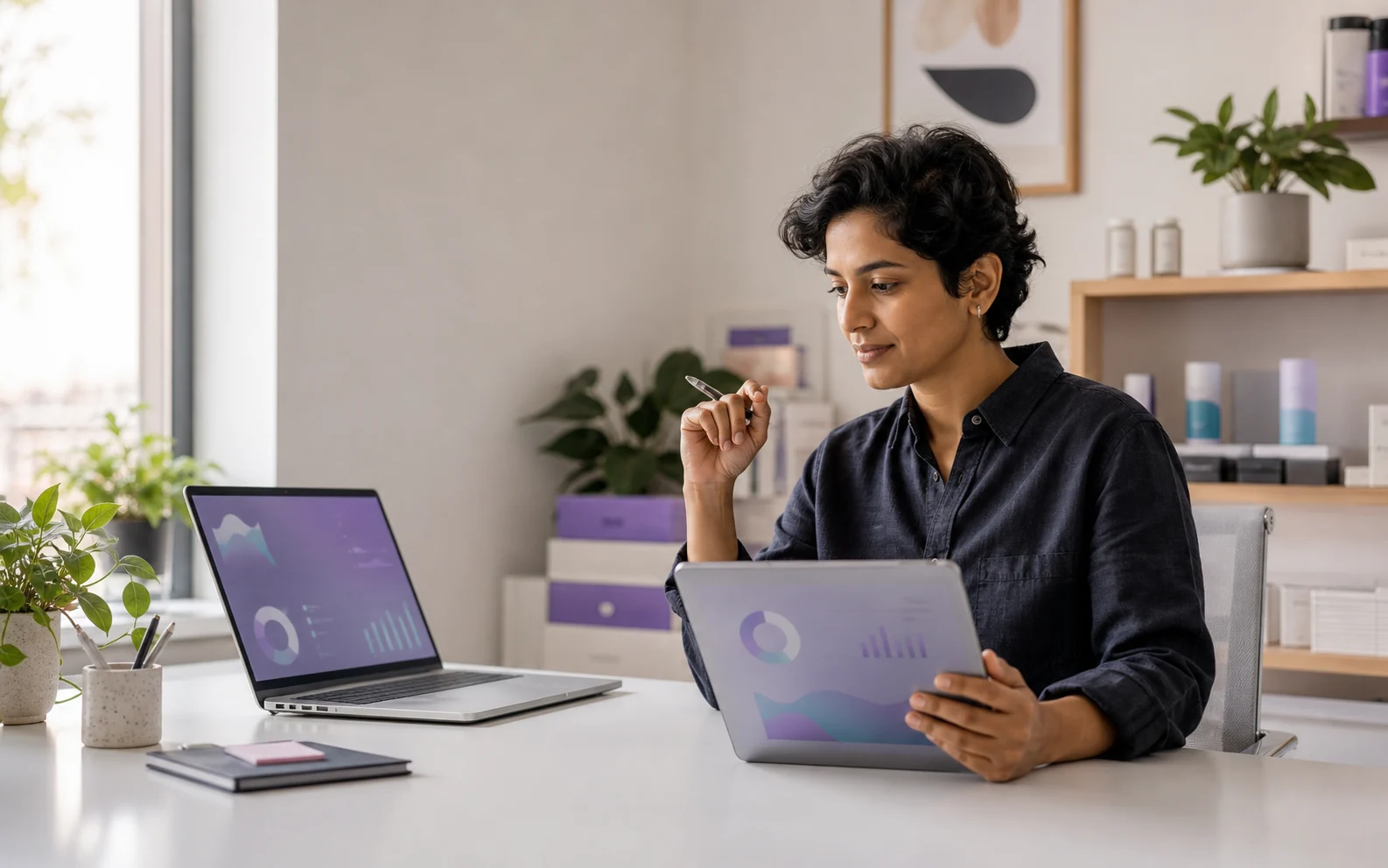 Growth operator reviewing the same workspace across connected commerce and advertising channels