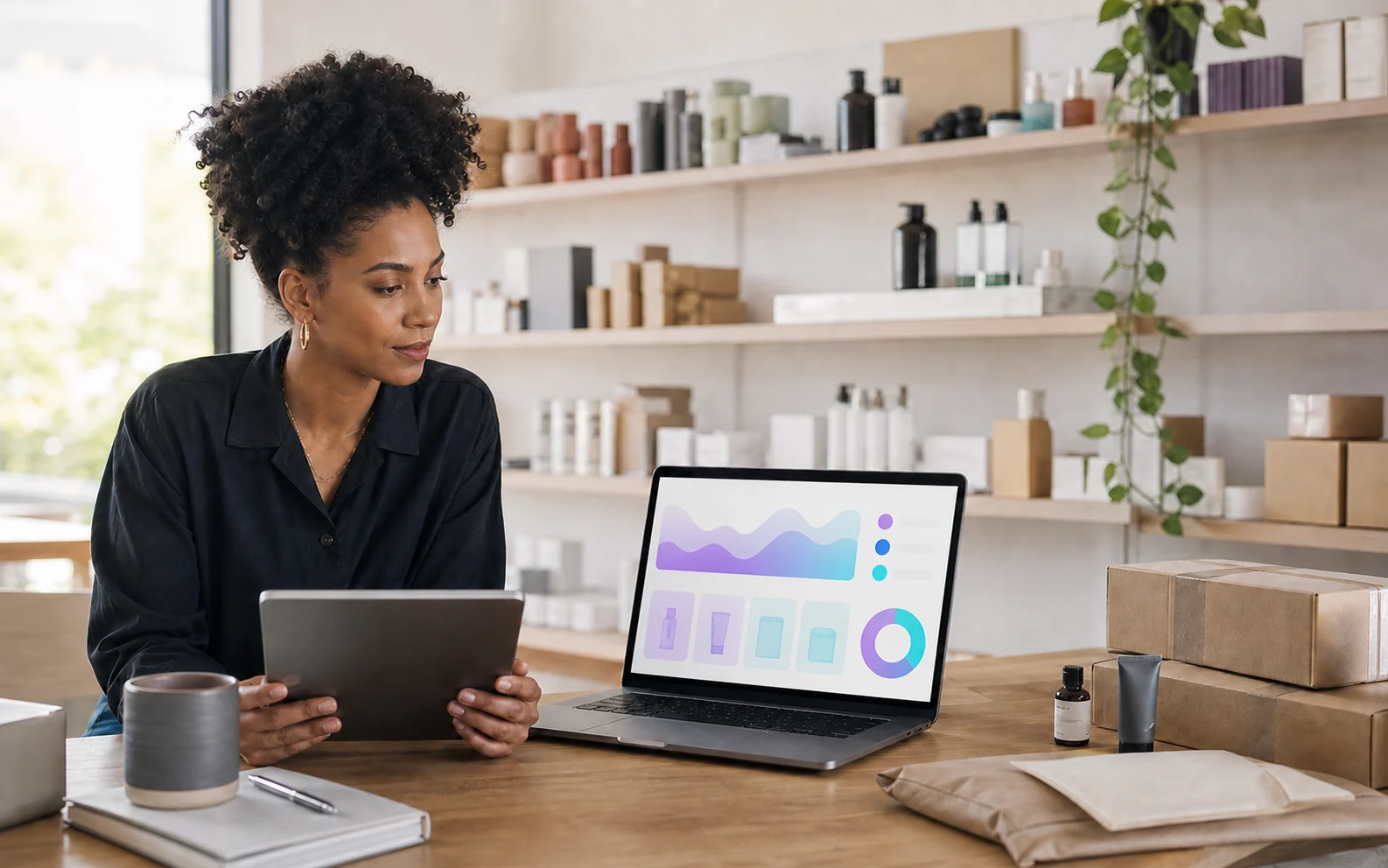 Ecommerce founder reviewing store performance beside products ready for fulfillment