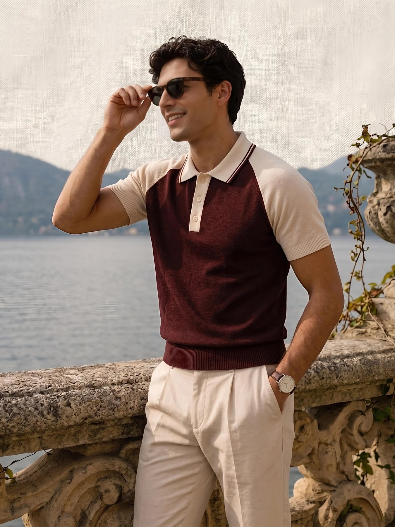 Maroon Knitted Raglan Polo original imagery from Colada
